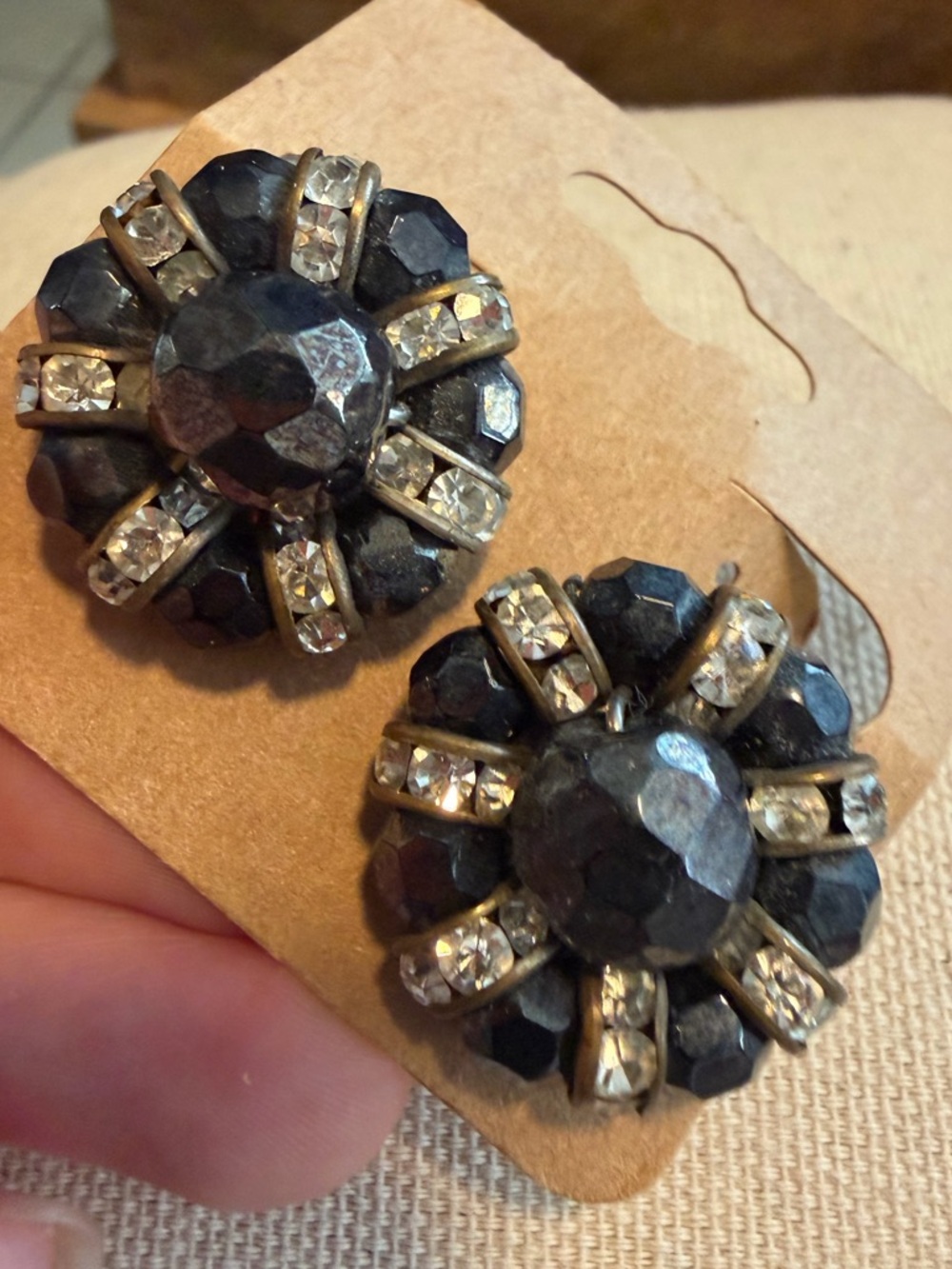 Vintage Elegant Black Crystal Cluster Clip-On Earrings